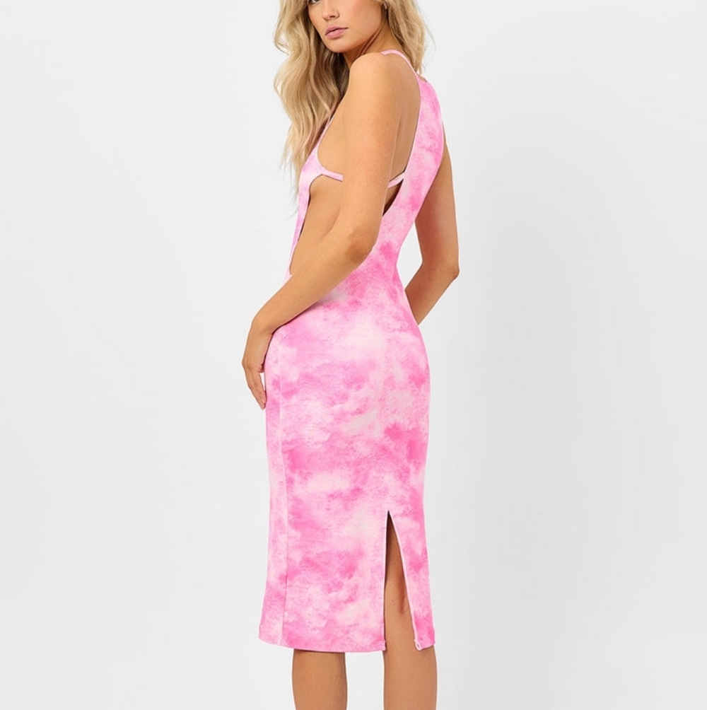 Frankies Bikinis Nicky Terry High Neck Pink Tie Dye Cutout Midi Dress Size XL - Picture 7 of 11